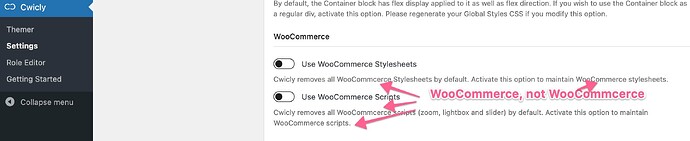 Cwicly Settings ‹ WooCommcerce Misspelling