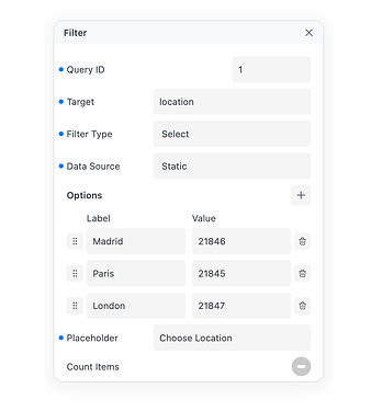 View of Filter options for filtering a list of doctors depending on the location set in the filter.
